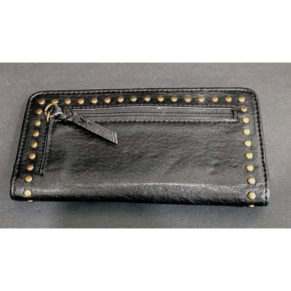 The Sak Iris Large Slim Bifold Wallet Black Leather Gold Studded Snap Closure - Picture 2 of 5